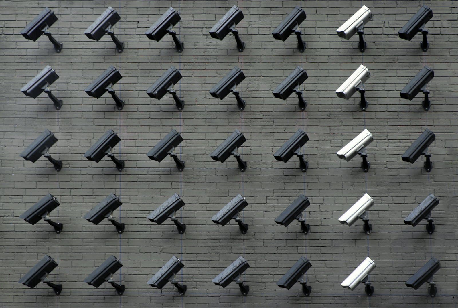 An array of surveillance cameras mounted on a wall